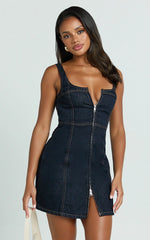 Chrysoula Mini Dress - Square Neck Zip Front Sleeveless Bodycon Denim in Raw Denim with Tobacco Stitch