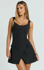 Rachel Midi Dress - Square Scoop Neck Buckle Pocket Leg Split Knee Length Dress in Black