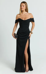 Marcel Maxi Dress - Off Shoulder Corset High Split Dress in Black
