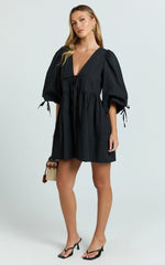 Rosita Mini Dress - Tie Front Puff Sleeve Dress in Black