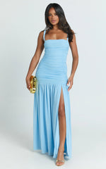 Cardi Maxi Dress - Ruched Mesh High Leg Split Dress in Blue