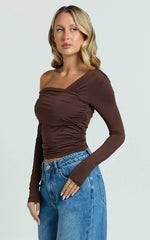 Cate Top - Long Sleeve Asymmetrical Neckline Top in Chocolate