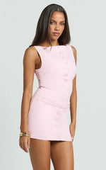 Adela Mini Dress - Mock Button Thru Boat Neck Dress in Pale Pink