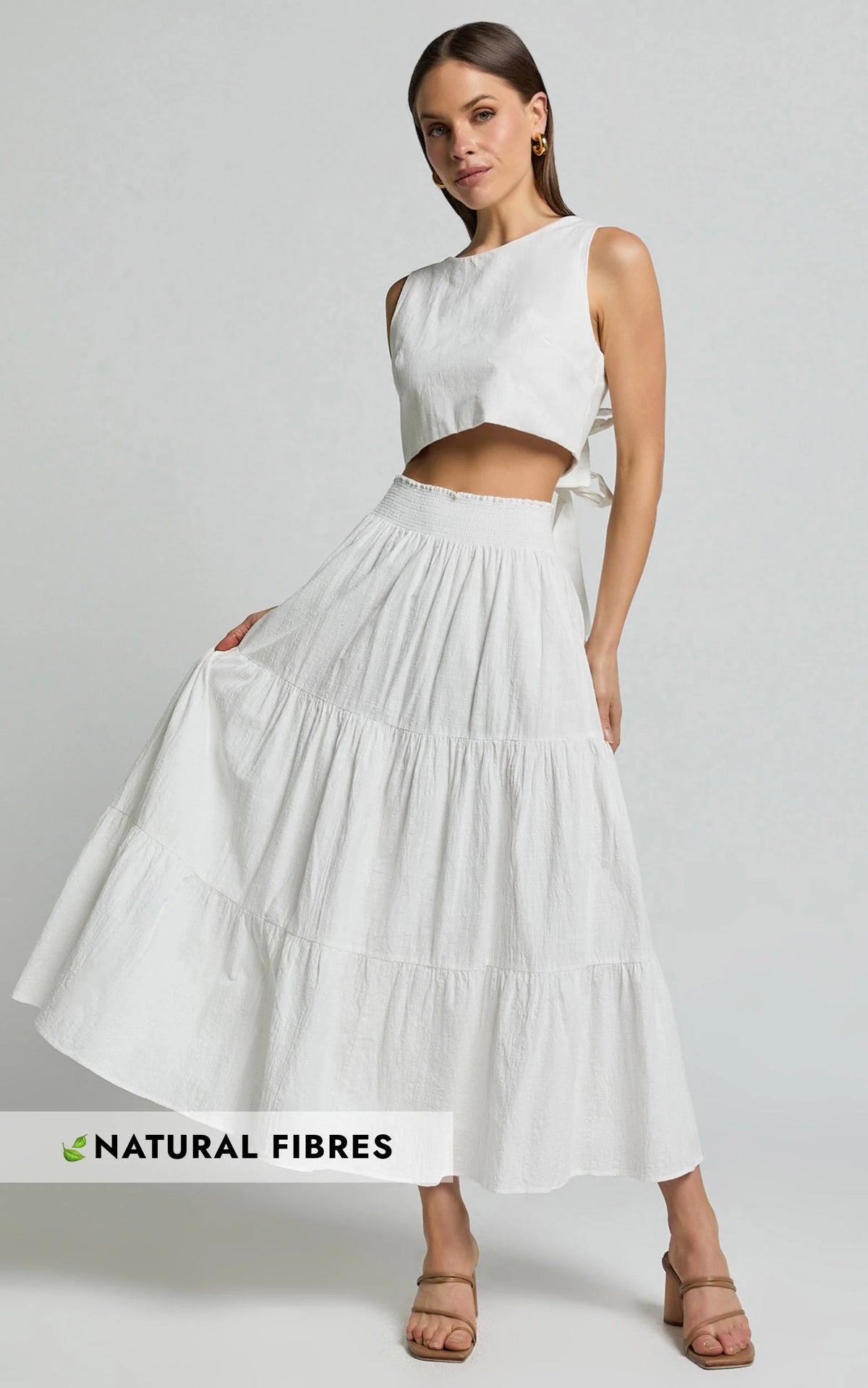 Ruby Midi Skirt - Shirred High Waist Cotton Tiered Skirt in Off White