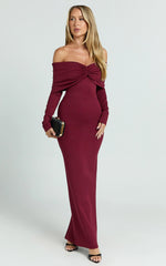 Rani Maxi Dress - Off Shoulder Long Sleeve Bodycon Dress in Wine