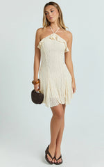 Rhea Mini Dress - Jacquard Ruffle Halter A Line Dress in Cream