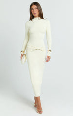 Amelita Midi Dress - Long Sleeve Knot Detail Dress in Cream