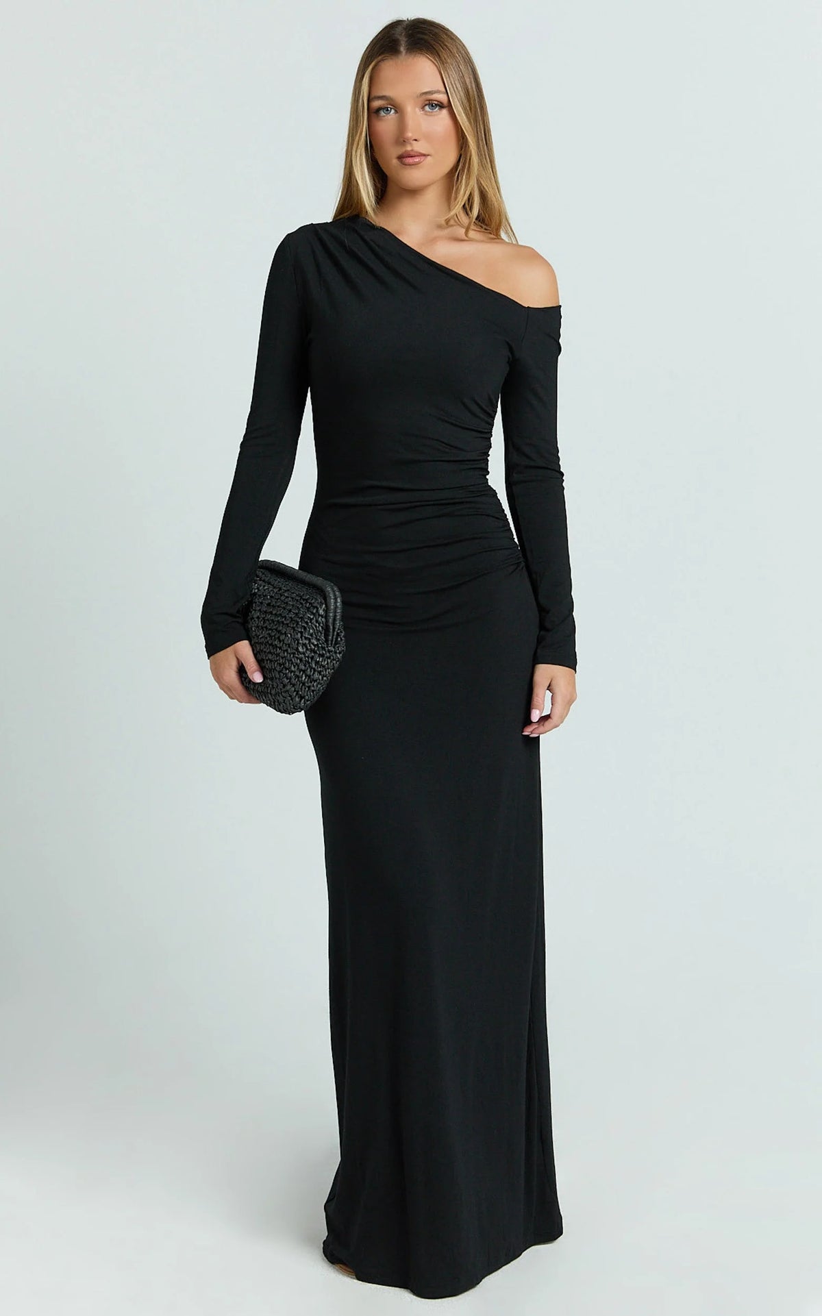 Milly Maxi Dress - Asymmetrical Off Shoulder Long Sleeve Side Ruching Maxi Dress in Black