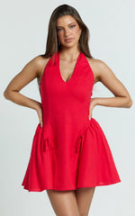 Alexi Mini Dress - Halter Deep V Fit And Flare Dress in Red