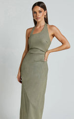 Lindley Midi Dress - Halter Neck Linen Look Dress in Olive