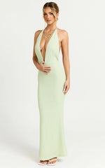 Ada Maxi Dress - Halter Plunge Textured Jersey Open Back Dress in Green