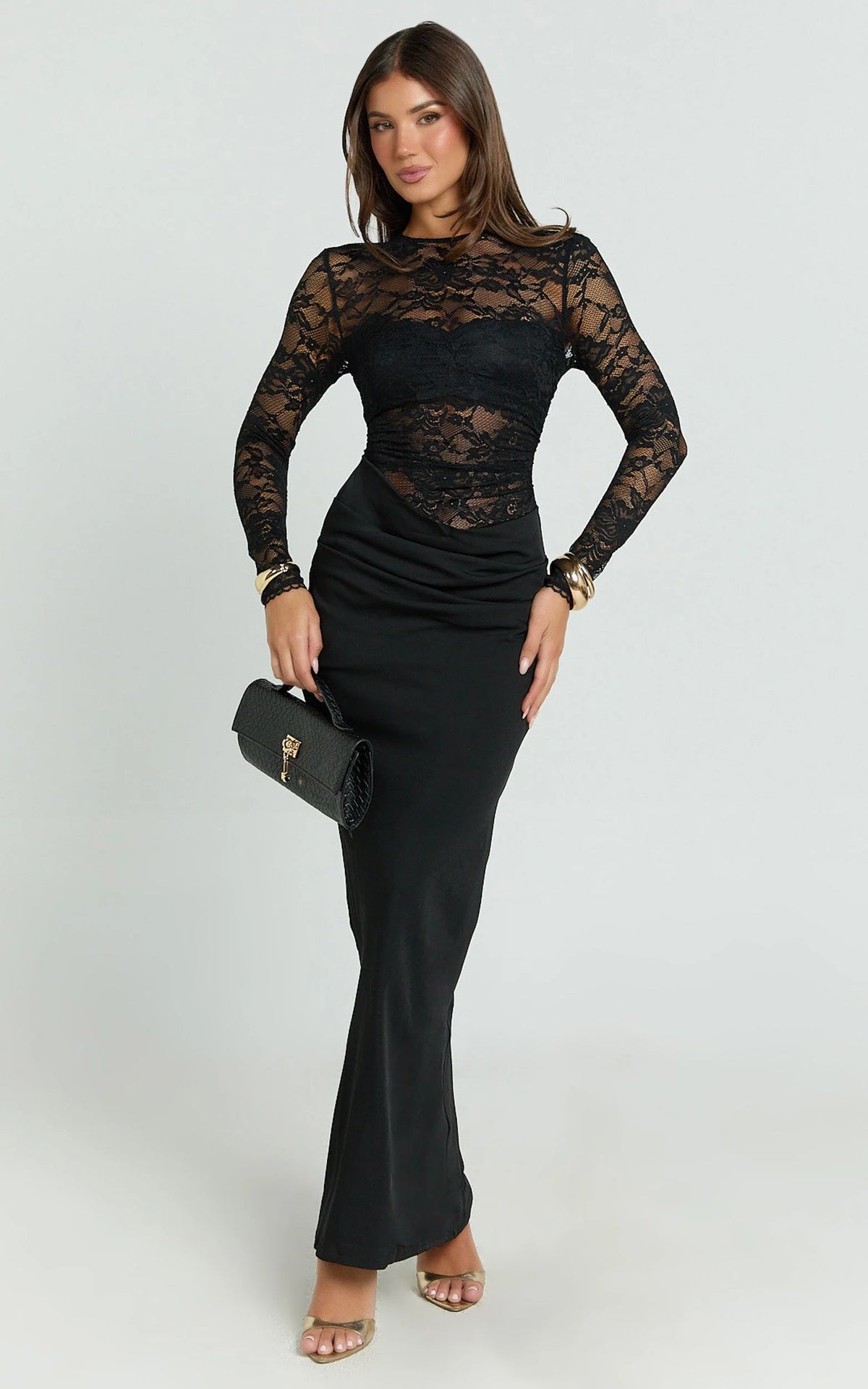 Crisanta Maxi Dress - Long Sleeve Contrast Lace Bodycon Dress in Black