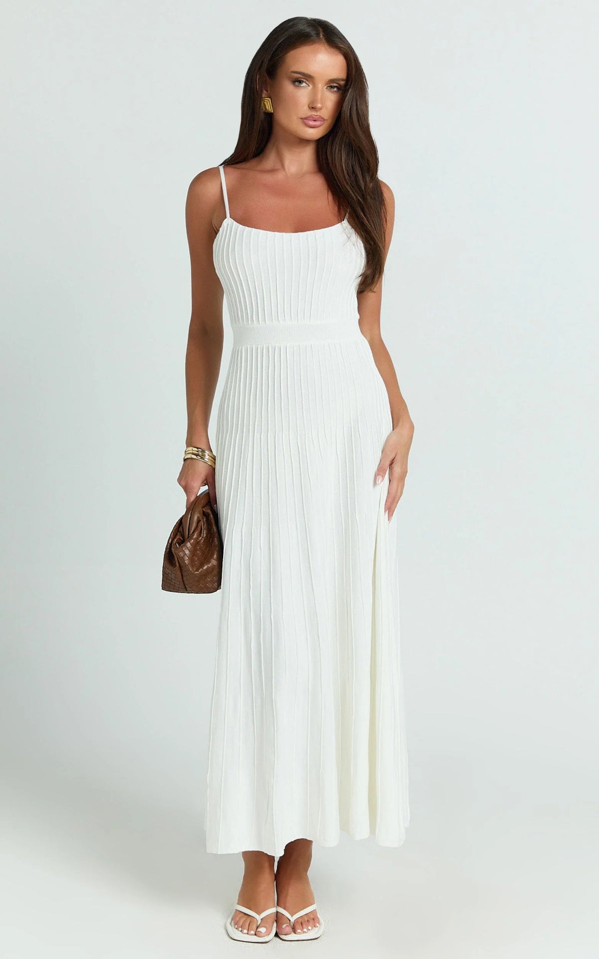Donissa Midi Dress - Panelled Knit Dress in White
