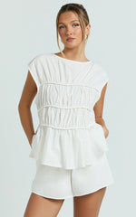 Alina Two Piece Set - Ruched Detail Top and Short Pants Set in White