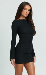 Brenda Mini Dress - Boat Neck Rib Knit Bodycon Dress in Black