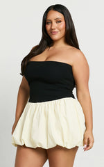 Harley Mini Dress - Strapless Drop Waist Bubble Hem Contrast Dress in White/Black