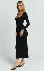 Naya Midi Dress - Long Sleeve Sweetheart Neck Bodycon Dress in Black