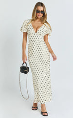 Elise Midi Dress - V Neck Puff Sleeve Dress in White Polka Dot