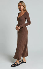Lydia Midi Dress - V Neck Long Sleeve Knitted Dress in Chocolate