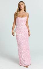Clara Maxi Dress - Scoop Neck Tie Back Fitted Sequin Dress in Pink