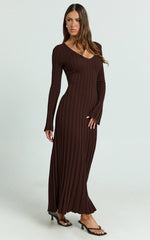 Astra Maxi Dress - V Neck Long Sleeve Knit Dress in Chocolate
