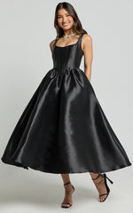 Courtney Midi Dress - Corset Panel Low Back Dress in Black