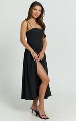 Myrtle Midi Dress - Straight Neck Curved Drop Waist Gathered Full Skirt Dress in Black