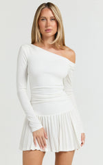 Presley Mini Dress - One Shoulder Ruched Side Pleated Fit And Flare Dress in Cream