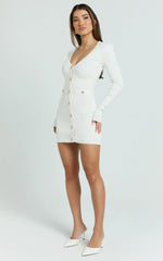 Nikka Mini Dress - Long Sleeve V Neck Bodycon Knit Dress in Cream