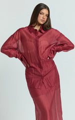 Amalia Top - Sheer Concealed Placket Collared Shirt in Cherry