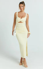 Bianca Midi Dress - Twist Front Cut Out Ruched Dress in Lemon