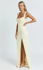 Donna Maxi Dress - Cowl Neck Column High Split Dress in Lemon