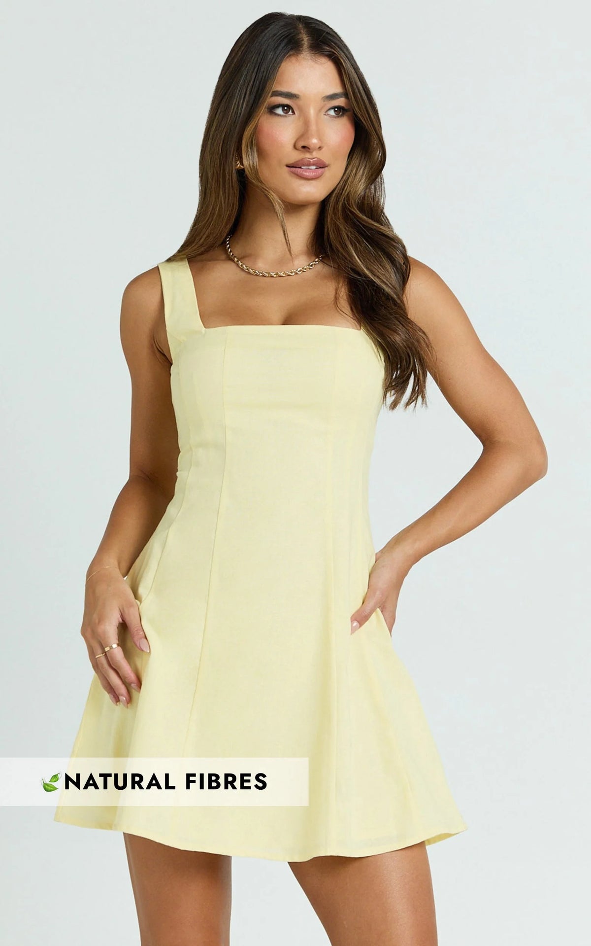 Adiana Mini Dress - Linen Square Neck Shirred Back A Line Dress in Lemon