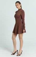 Camilla Mini Dress - Turtle Neck Fit And Flare Sheer Contrast Knit Dress in Chocolate