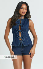 Benny Top - Tie Front Recycled Denim Top in Indigo Wash