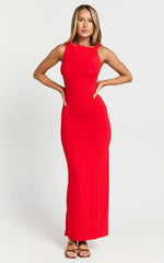 Aisha Maxi Dress - Sleeveless Twist Strap Bodycon Dress in Red