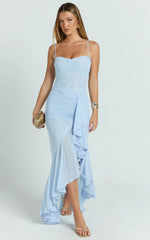 Brionna Midi Dress - Lace Neck Ruched Ruffle Hem Dress in Blue