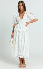 Anieshaya Midi Dress - V Neck Cut Out Lace Dress in White