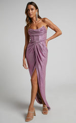 Adrie Midi Dress - Strapless Corset Bodice Dress in Pink