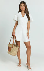 Sahar Mini Dress - Flutter Sleeve Button Through Dress in White