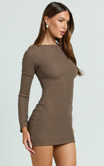 Brenda Mini Dress - Boat Neck Rib Knit Bodycon Dress in Mocha